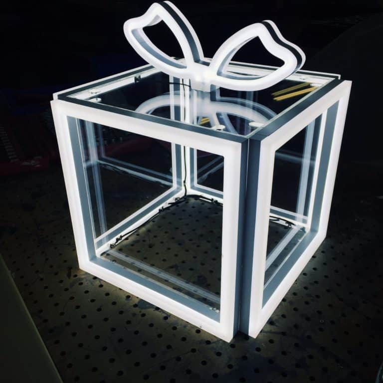 Artificial Neon Present with Bow. Custom Illuminated Sculpture from NeonPlus