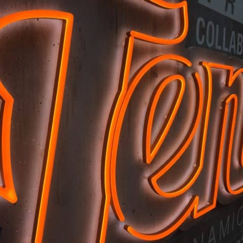 Orange faux neon text sign made with Neonplus illuminated LEDs