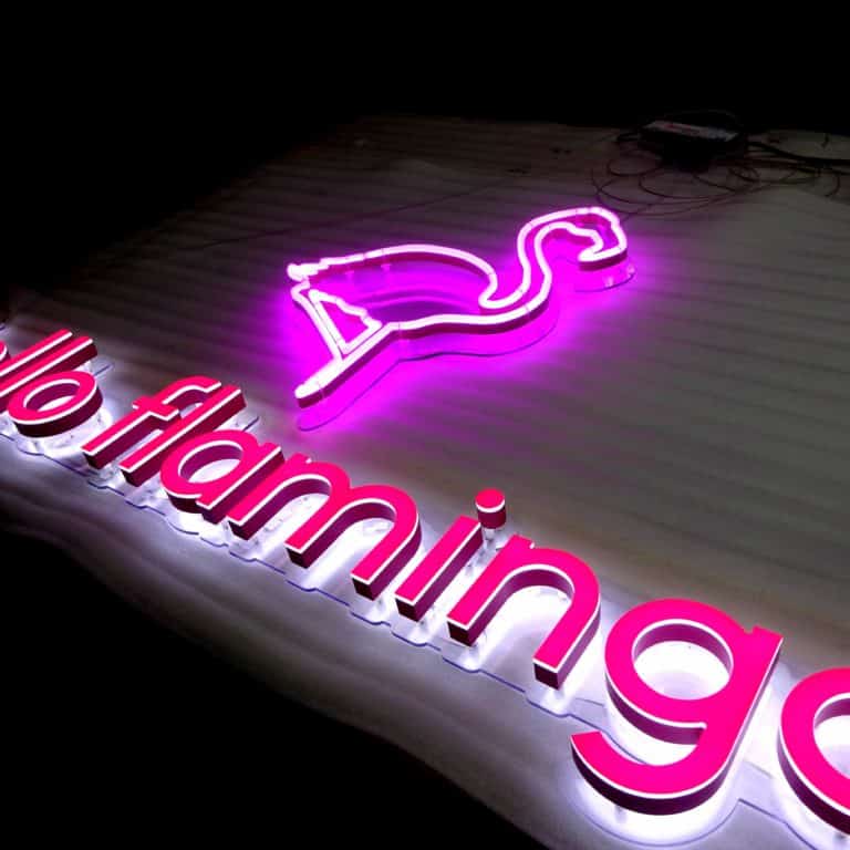 Pink faux neon flamingo with hello flamingo text underneath, branding for an exhibition diplay