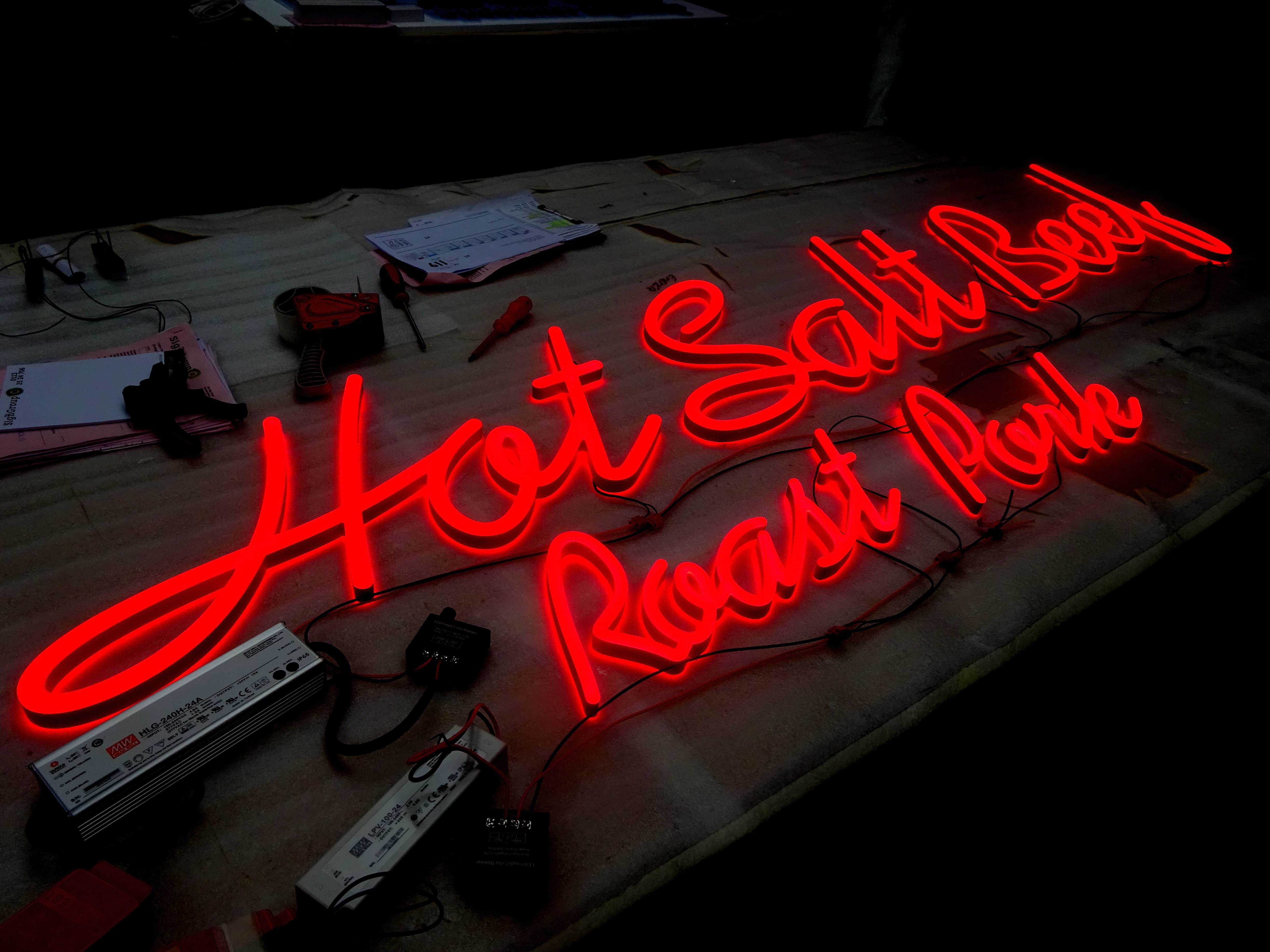 Neon handwriting signs for street food, restaurants, and bars. Hot salt beef & roast pork faux neon signs.