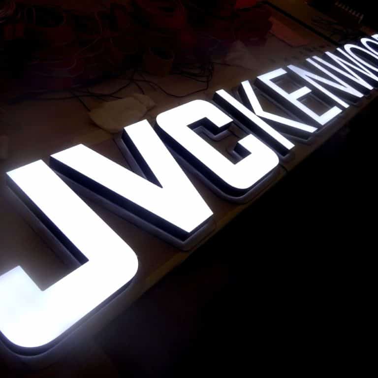 Faux Neon brand logos. JVC & Kenwood LED Signs with white illuminated text.