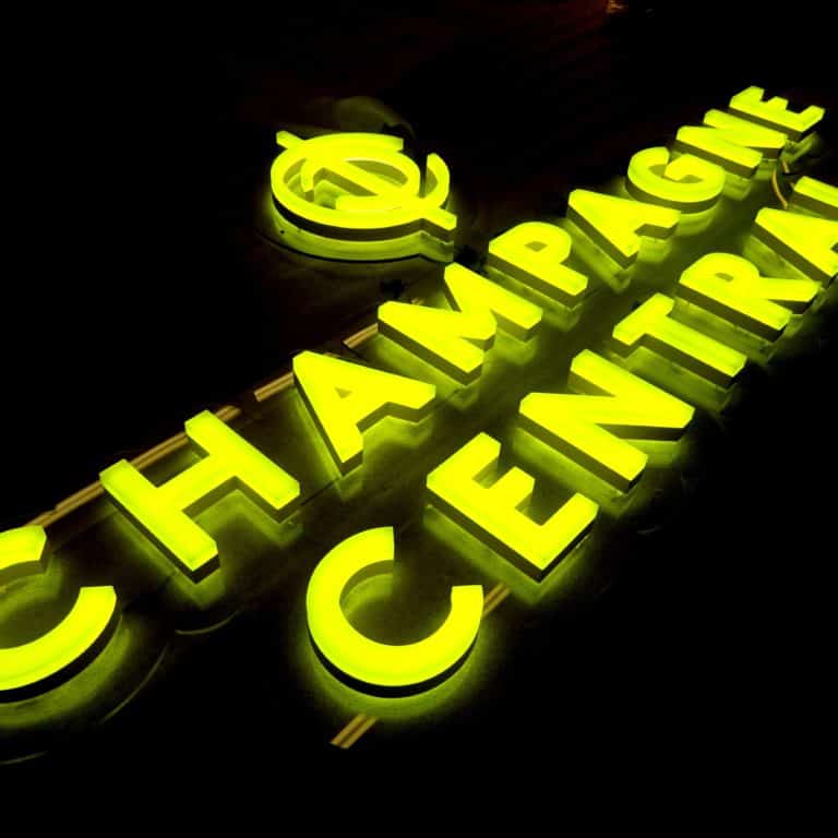 Gold Neon Sign Alternative reading 'Champagne Central' for bar signs & shops.