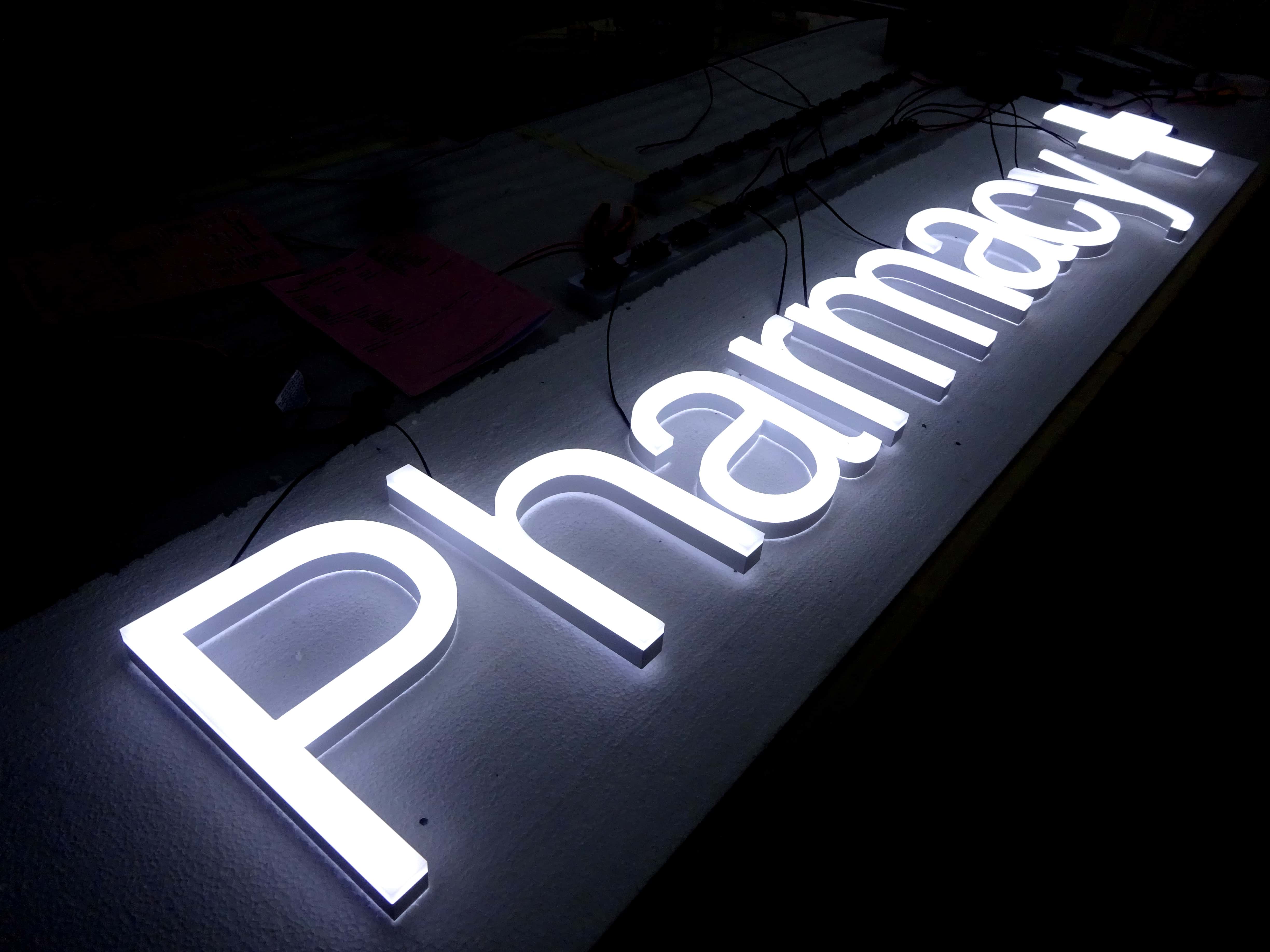 Illuminated pharmacy sign, using eco friend neon alternatives. Retail signs in faux neon from NeonPlus