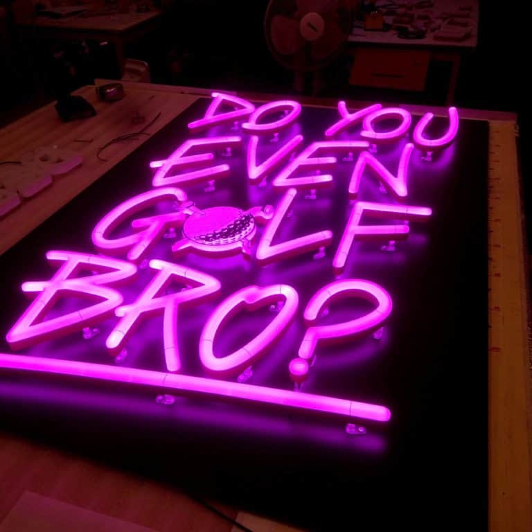 Bright pink faux neon sign for golf stores and bars. 'Do you even golf bro' neon sign in magenta NeonPlus
